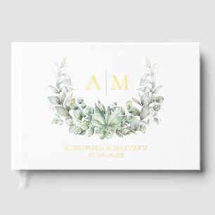 Elegant Greenery Monogram Wedding Gold Foil Guest Book