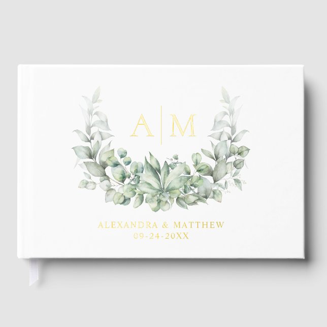 Elegant Greenery Monogram Wedding Gold Foil Guest Book (Front)
