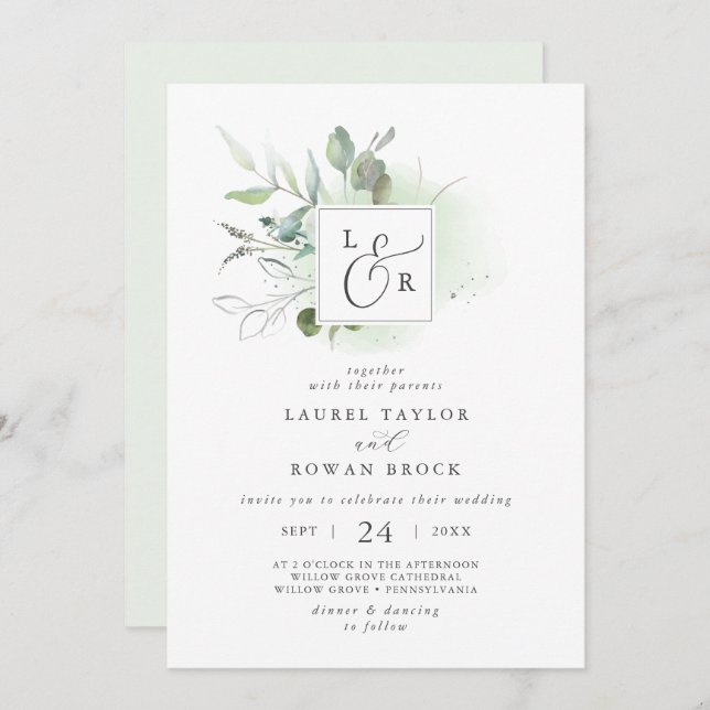 Elegant Greenery Monogram Wedding Invitation (Front/Back)