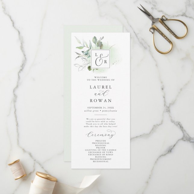 Elegant Greenery Monogram Wedding Program (Front/Back In Situ)