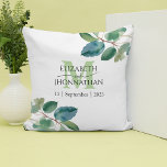 Elegant Greenery Monogram Wedding  Throw Pillow<br><div class="desc">Celebrate love and everlasting memories with our enchanting Green Leaf Watercolor Wedding Throw Pillow. This exquisite pillow, adorned with a captivating green leaf watercolor theme, is personalized with the couple's names and monogram, elegantly framed by their cherished wedding date at the centre. It's the perfect gift for newlyweds, capturing the...</div>