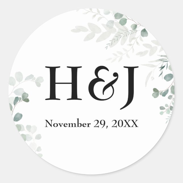 Elegant Greenery Monograms and Date Classic Round Sticker (Front)