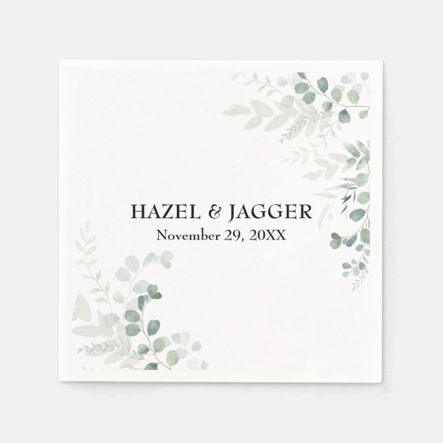 Elegant Greenery Names and Date Personalized Napkin (Front)