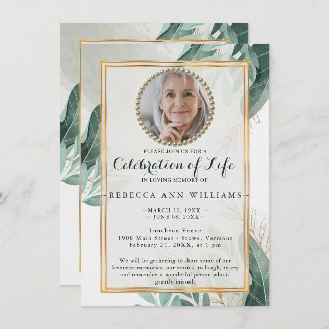 Elegant Greenery Nature Gold Celebration of Life  Invitation (Front/Back)