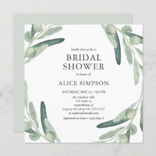 Elegant Greenery Olive Bridal Shower Invitation