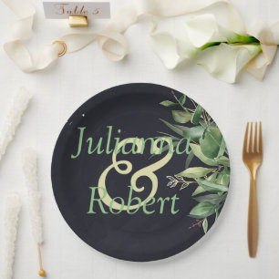Elegant greenery on black paper plates