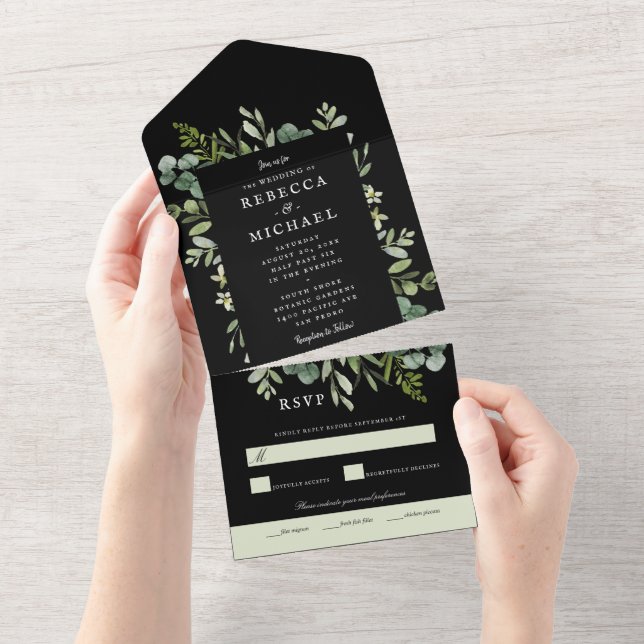 Elegant Greenery on Black Wedding All In One Invitation (Tearaway)