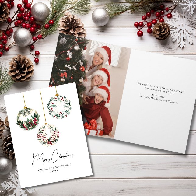 Elegant Greenery Ornament Photo Christmas Card (Greenery Ornament Bauble Photo Christmas Card
)