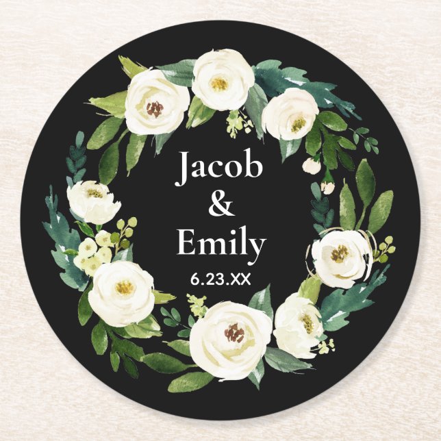 Elegant Greenery Personalized Names Date Wedding Round Paper Coaster (Front)