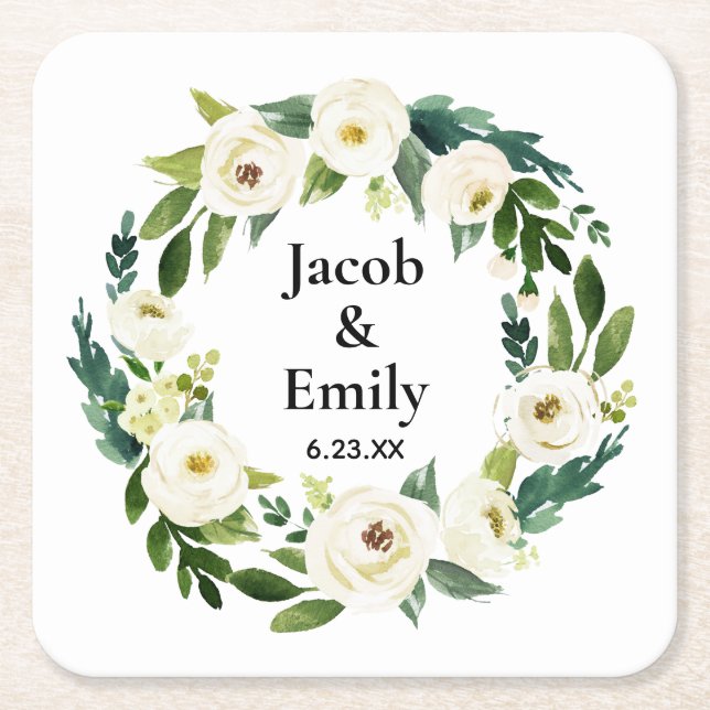 Elegant Greenery Personalized Names Date Wedding Square Paper Coaster (Front)