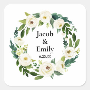 Elegant Greenery Personalized Names Date Wedding Square Sticker