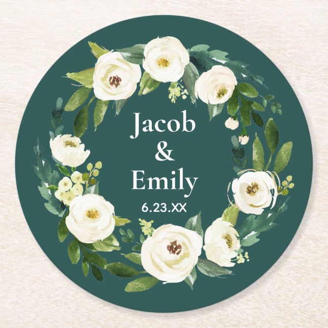 Elegant Greenery Personalized Names Green Wedding Round Paper Coaster (Front)