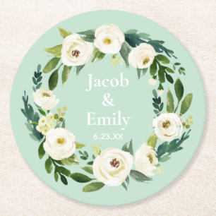 Elegant Greenery Personalized Names Mint Wedding Round Paper Coaster