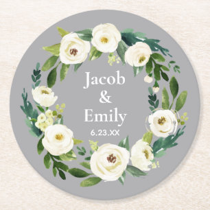 Elegant Greenery Personalized Names Silver Wedding Round Paper Coaster
