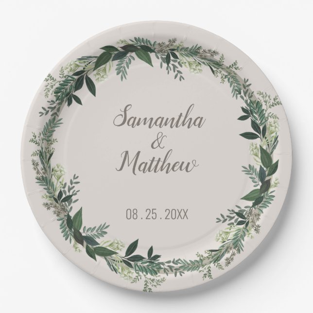 Elegant Greenery Personalized Wedding Paper Plate (Front)