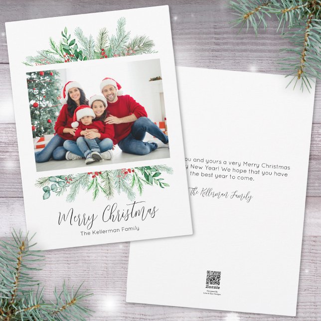 Elegant Greenery Photo Merry Christmas Holiday Card (Elegant Greenery Photo Merry Christmas Holiday Card)