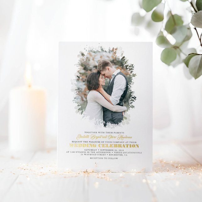 Elegant Greenery Photo Overlay White Wedding (Photo Wedding Invitations in Real Gold Foil)