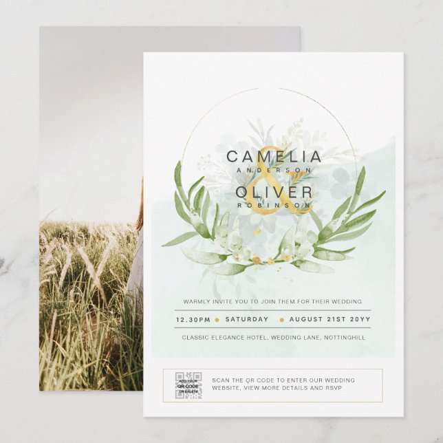 Elegant Greenery PHOTO Wedding Invitation QR CODE (Front/Back)