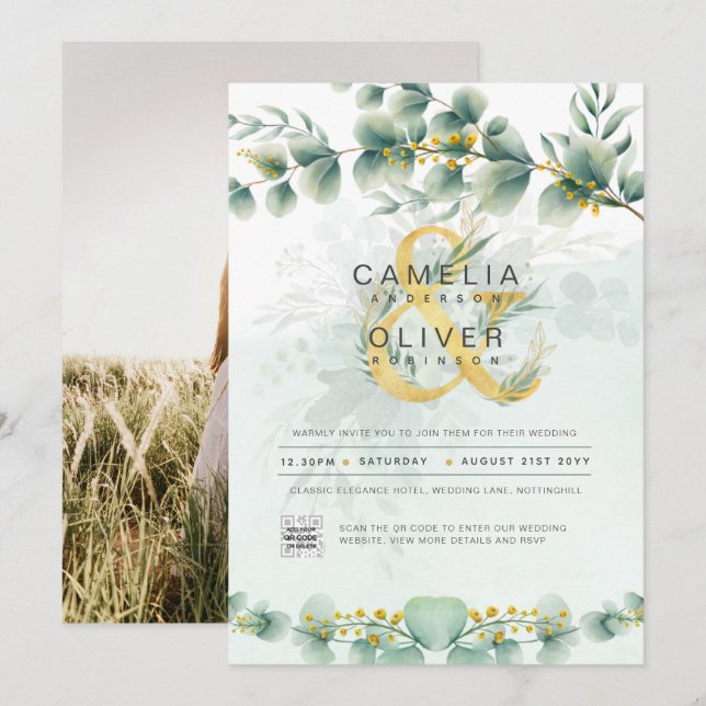 Elegant Greenery PHOTO Wedding Invitation QR CODE (Front/Back)