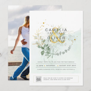 Elegant Greenery PHOTO Wedding Invitation QR CODE