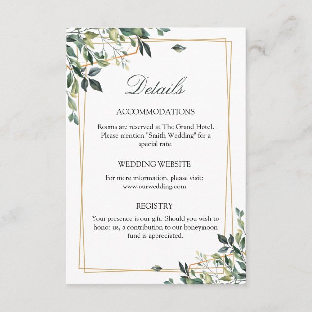 Elegant Greenery Printed Gold Info Suite Enclosure Card (Front)
