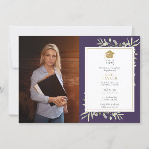 Elegant Greenery Purple Graduation Party Photo Invitation