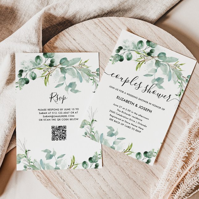 Elegant Greenery | QR Code Couples Shower Invitation (An elegant couples wedding  shower invitation with greenery and a scannable QR code to rsvp)