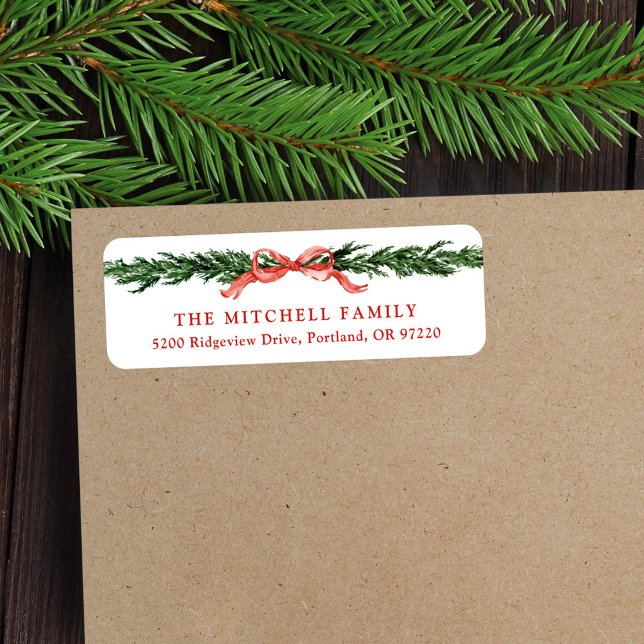 Elegant Greenery Red Bow Christmas Return Address (Creator Uploaded)