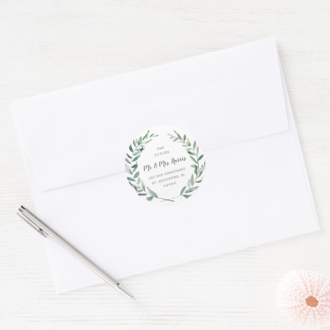 Elegant Greenery Return Address Rustic Wedding Classic Round Sticker (Envelope)