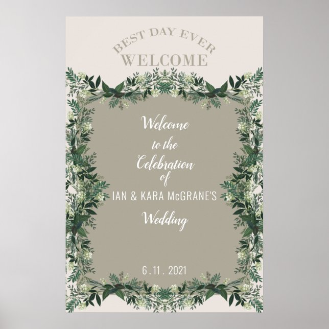 Elegant Greenery Rustic Wedding Celebration Sign (Front)