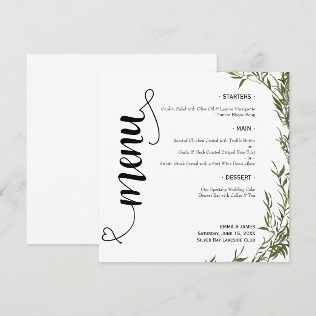 Elegant Greenery Script Round Wedding Flat Menu (Front/Back)