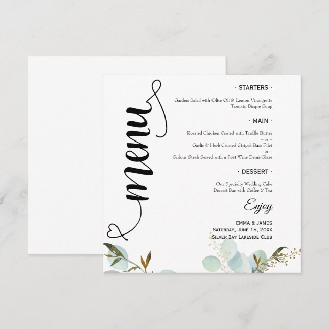 Elegant Greenery Script Round Wedding Flat Menu (Front/Back)