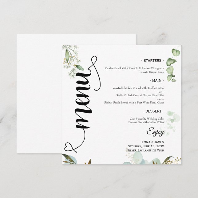 Elegant Greenery Script Round Wedding Flat Menu (Front/Back)