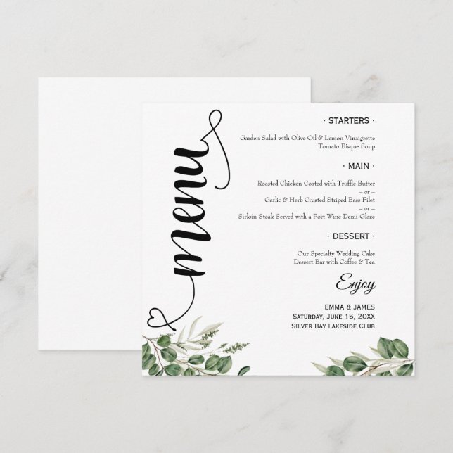 Elegant Greenery Script Round Wedding Flat Menu (Front/Back)