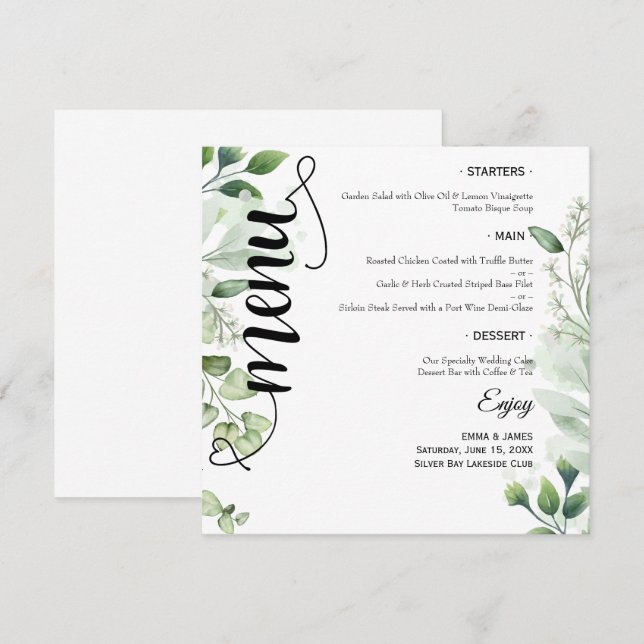 Elegant Greenery Script Round Wedding Flat Menu (Front/Back)