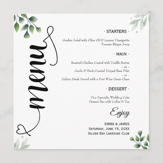 Elegant Greenery Script Round Wedding Flat Menu (Front)