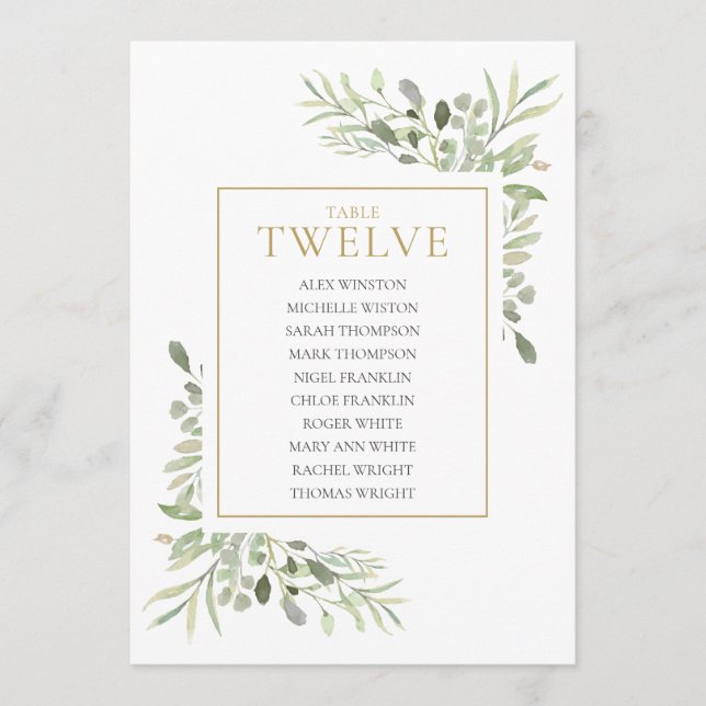 Elegant Greenery Table Number 12 Seating Chart (Front)