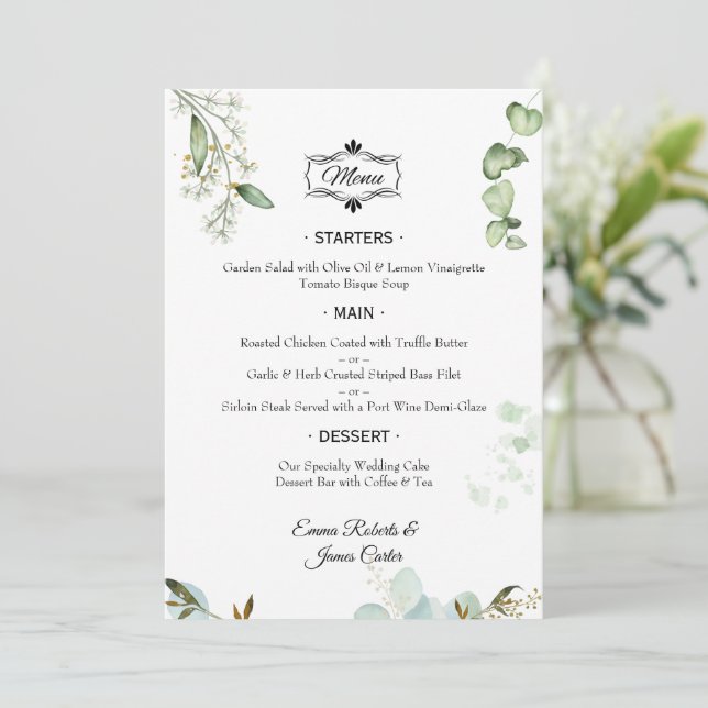 Elegant Greenery Table Wedding Menu (Standing Front)