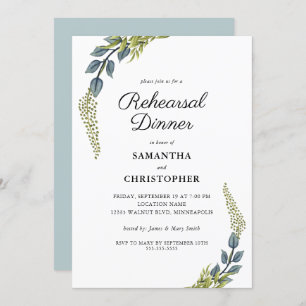 Elegant Greenery Teal and Green Rehearsal Dinner Invitation