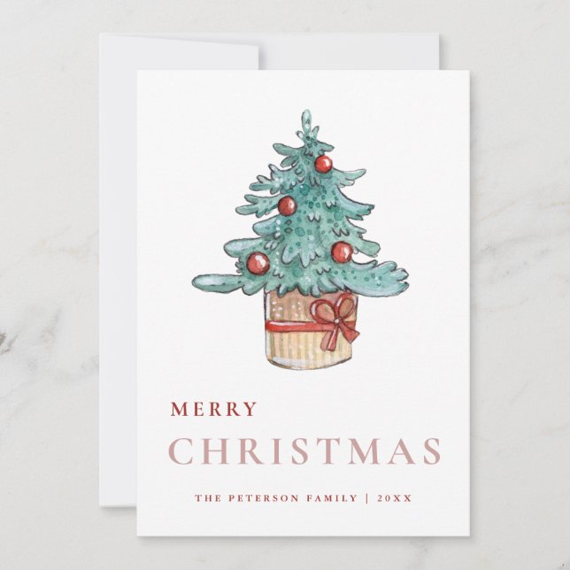 Elegant Greenery Watercolor Christmas Tree Holiday Card (Front)