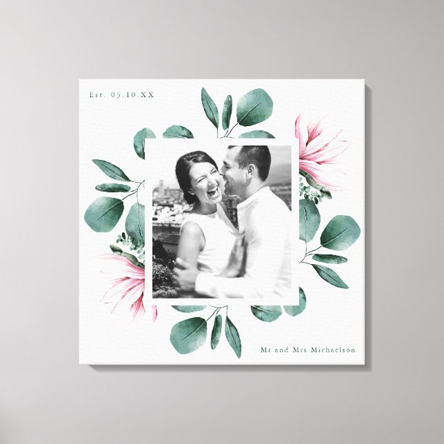 Elegant Greenery Watercolor Frame Photo Wedding Canvas Print (Front)