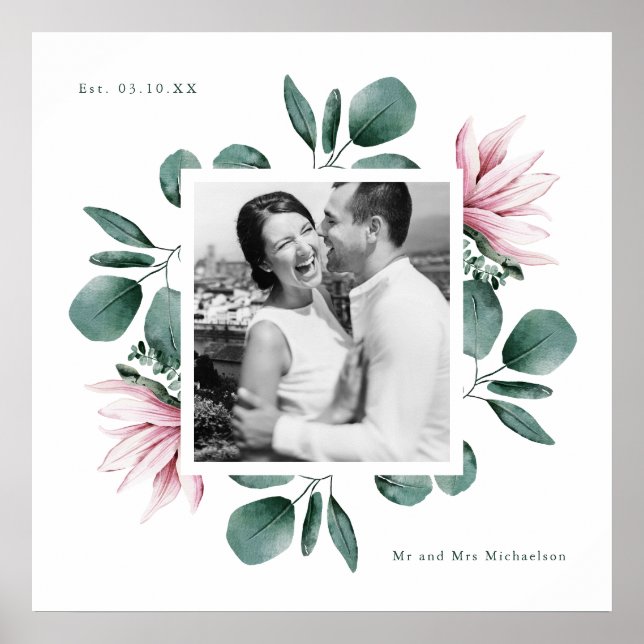 Elegant Greenery Watercolor Frame Photo Wedding Poster (Front)