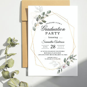 Elegant Greenery Watercolor Leaf Frame Graduation  Invitation