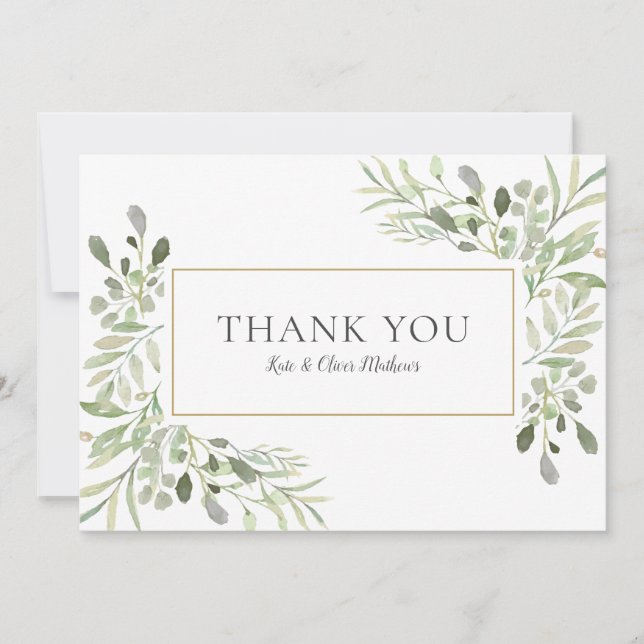 Elegant Greenery Watercolor Wedding Thank You Card (Front)
