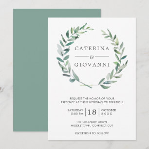Elegant Greenery Watercolor Wreath Rustic Wedding Invitation