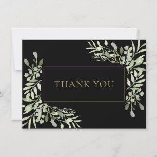Elegant Greenery Watercolour Leaves Gold Black Thank You Card