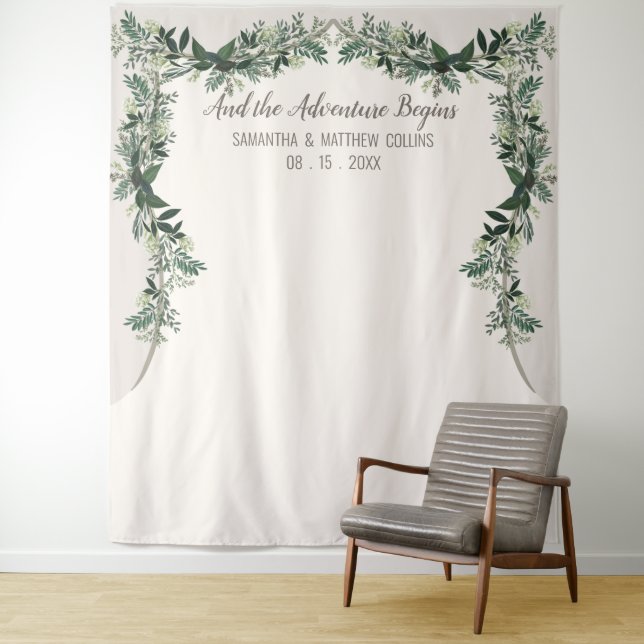 Elegant Greenery Wedding Backdrop Photo Booth Tapestry (In Situ)