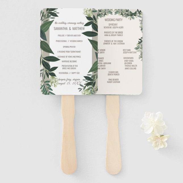 Elegant Greenery Wedding Ceremony Program Hand Fan (Front and Back)