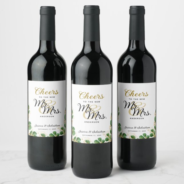 Elegant Greenery Wedding Cheers to Mr and Mrs Wine Label (Bottles)