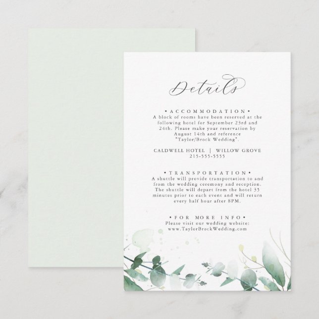 Elegant Greenery Wedding Details Enclosure Card (Front/Back)